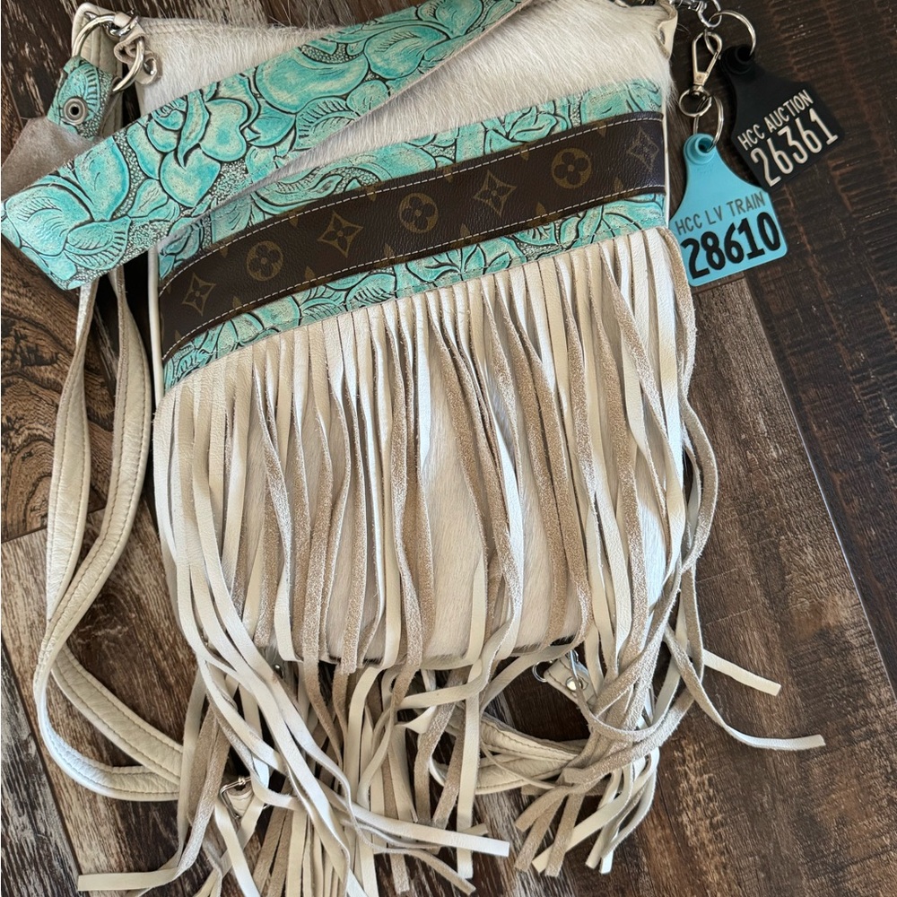 Holy Cow Couture Fringe Shoulder Bag Designer LV Specialty turquoise and brown - Picture 2 of 4